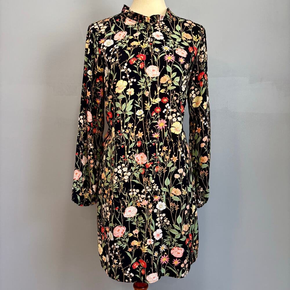 LOFT Wildflower Floral Ruffle Neck Tunic Midi Dress Long Sleeve Black Size M
